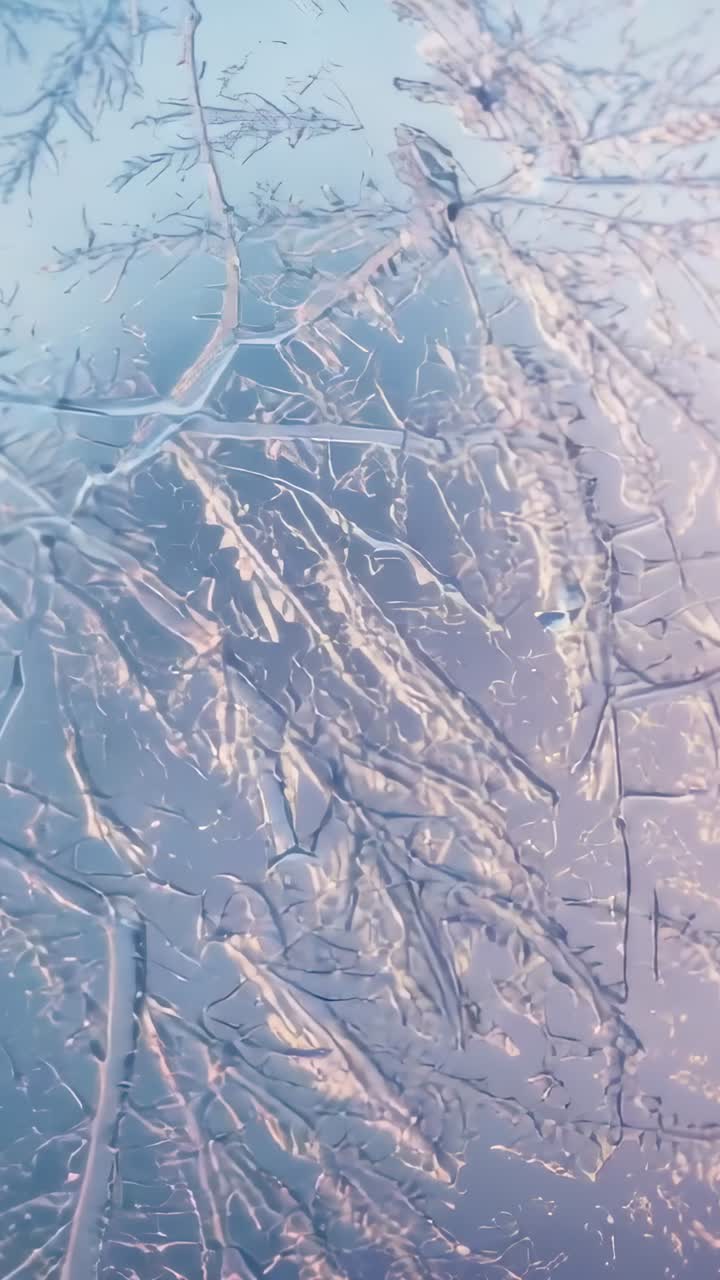 Vertical video: Panning diagonally after steady hold, camera revealing frost crystals on glass pane