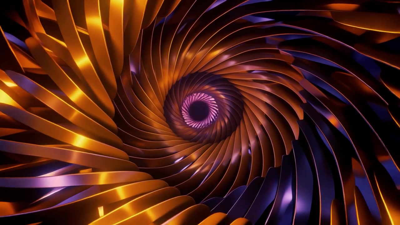 Animazione astratta di un tunnel a spirale metallico dorato rotante
