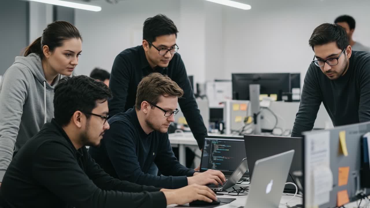 A group of focused individuals collaborating in a modern workspace, intently analyzing code and working together on a project, showcasing teamwork and innovation in technology