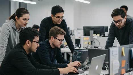 a group of focused individuals collaborating in a modern workspace, intently analyzing code and working together on a project, showcasing teamwork and innovation in technology