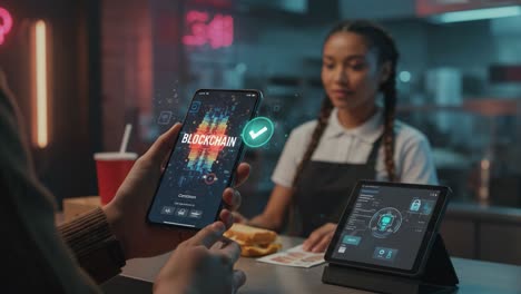exploring digital transactions: a customer engages with blockchain technology at a modern food service counter using mobile devices