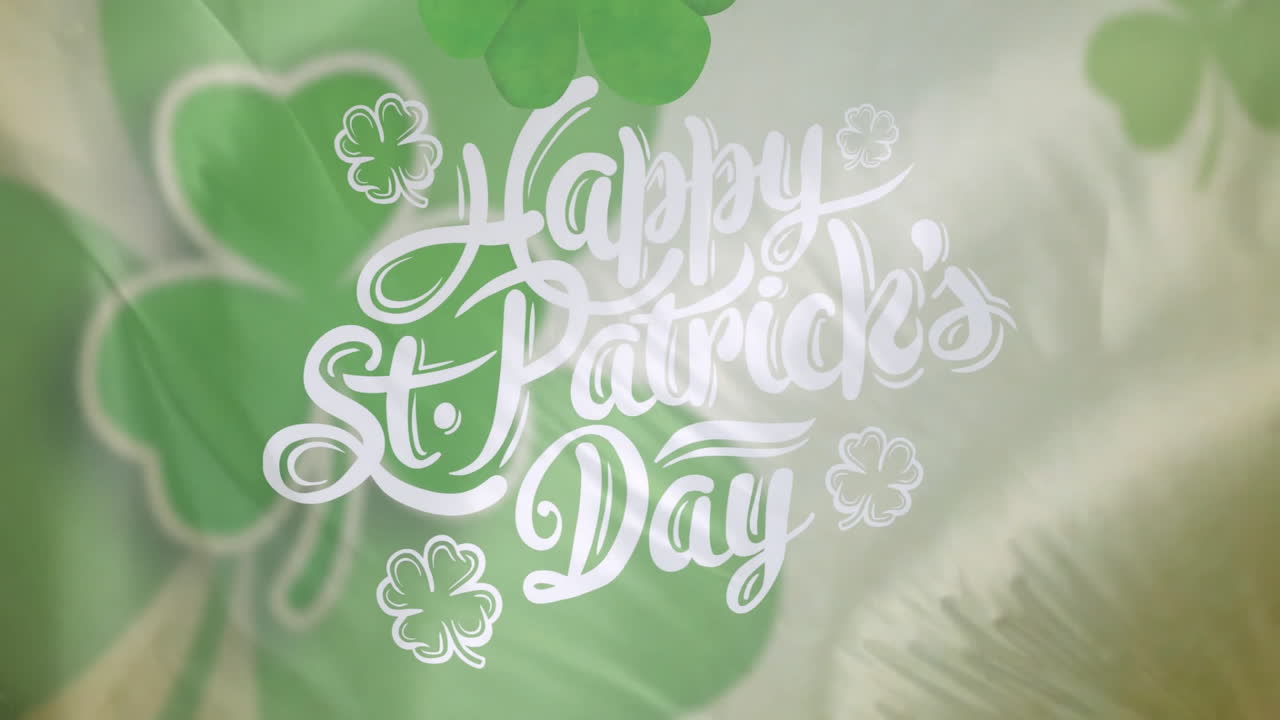 Animazione di trifogli e testo "Buon Giorno di San Patrizio" su bandiera dell'Irlanda