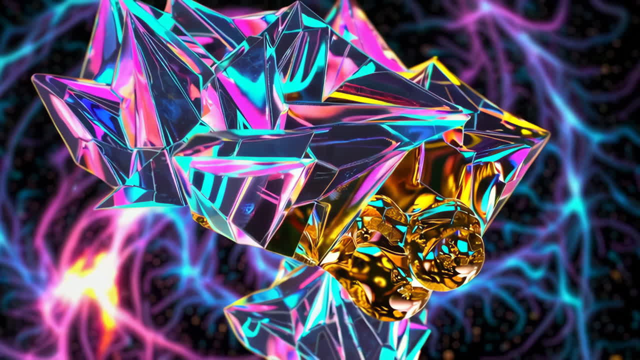 escultura geométrica de cristal iridescente abstracta