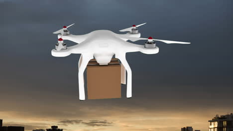 animación de un avión no tripulado que lleva una caja de cartón sobre el paisaje urbano