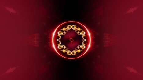 ilusión abstracta bucle gráfico de movimiento del centro círculo de oro con rayas rojas brillantes llamarada de luz de fondo giratorio. 4k 3d bucle sin costuras anillo de oro llamarada de energía roja girando alrededor. bucle vj.