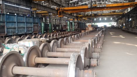 railway wheelsets arranged in the depot for maintenance and storage