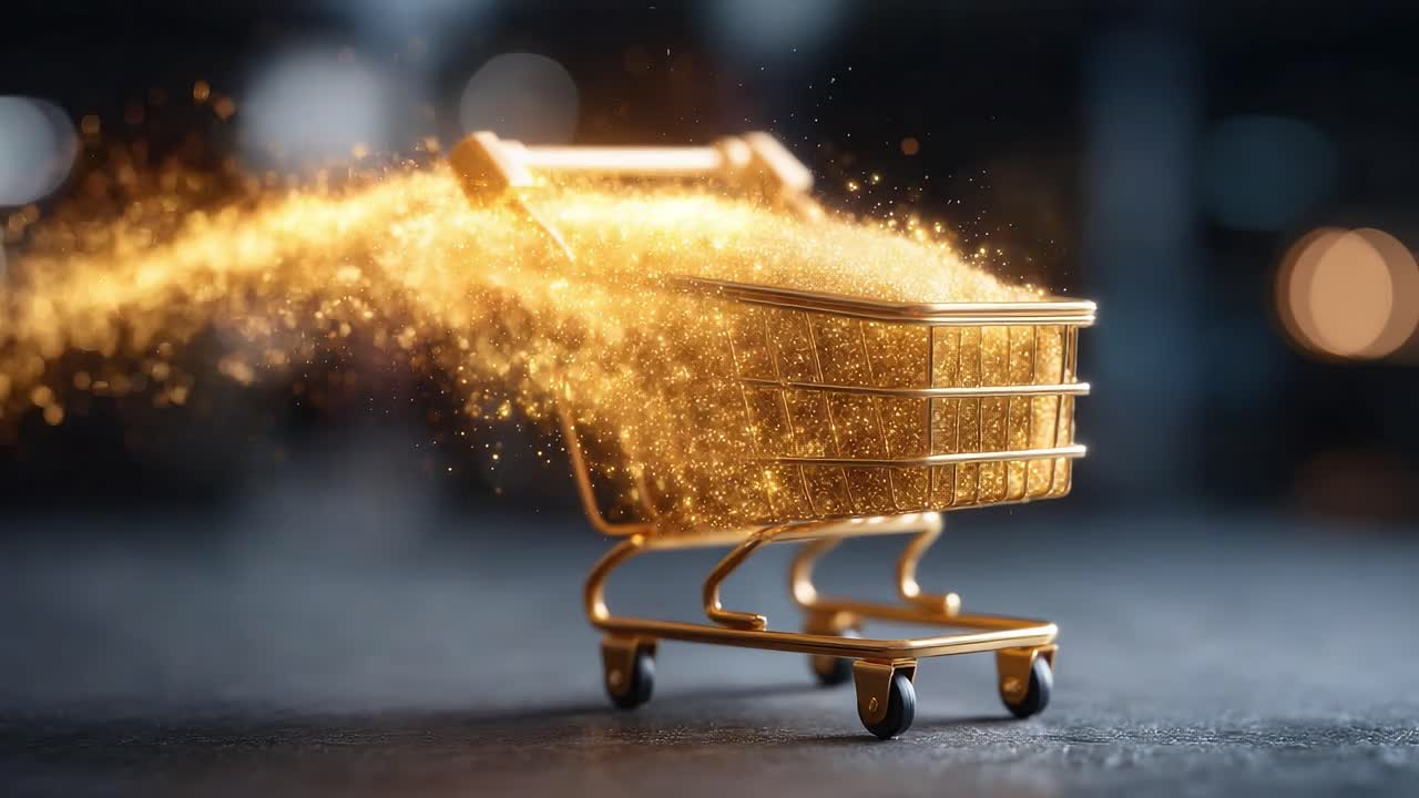 A Captivating Scene of a Golden Shopping Cart Overflowing with Sparkling Substance, Capturing the Essence of Retail and Abundance in a Magical Atmosphere