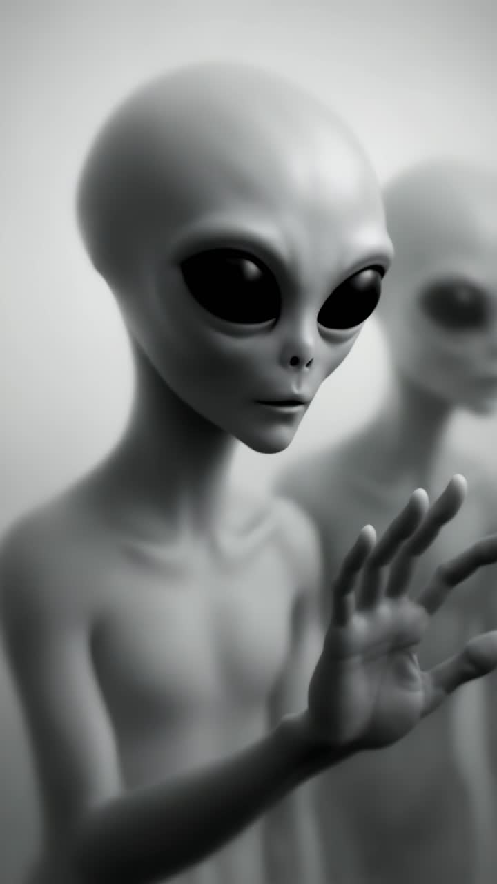 A mysterious, close-up video still of two aliens with large eyes, one reaching out