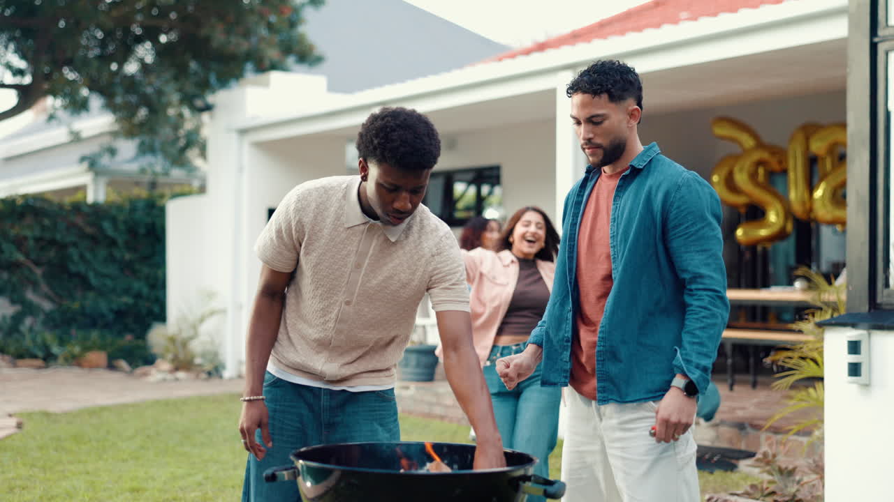 Group of Friends Enjoying a Backyard Party with a Grill