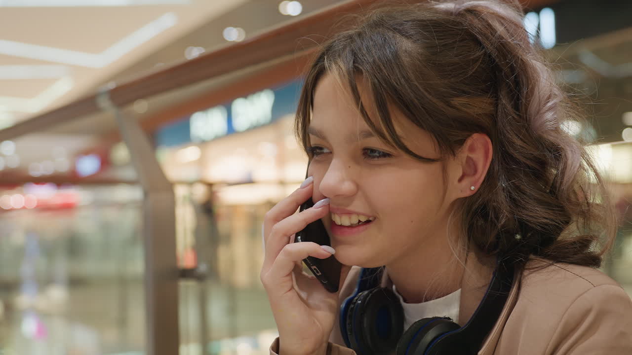 쇼핑 센터에서 행복하게 채팅하는 십 대, 활기찬 소매 쇼핑 중 밝은 미소, 활기 넘치는 상점 조명과 쾌활한 분위기 속에서 친구들과 신나게 채팅을 즐기는 십 대