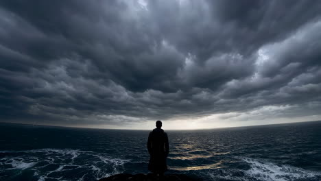 stormy sunset over the ocean with a person