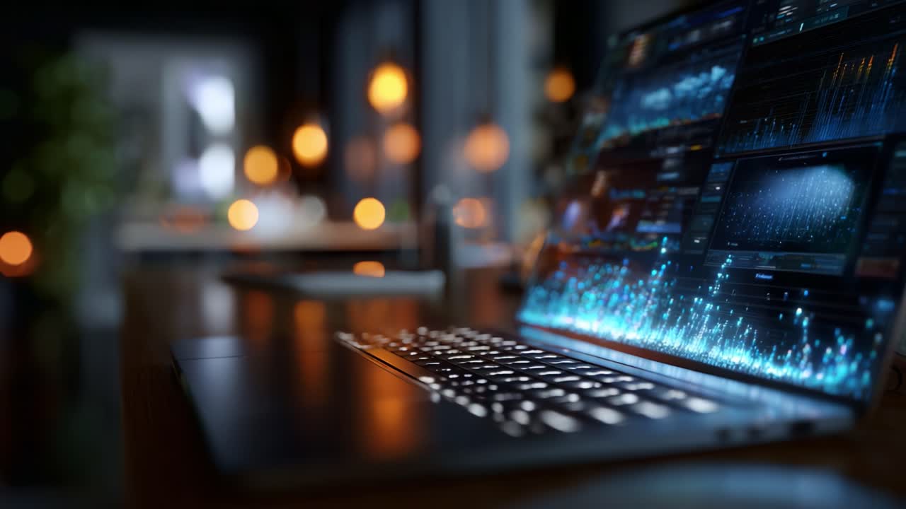 A close-up view of a modern laptop displaying dynamic data visualizations in a dimly lit environment, highlighting technology and innovation in data analysis