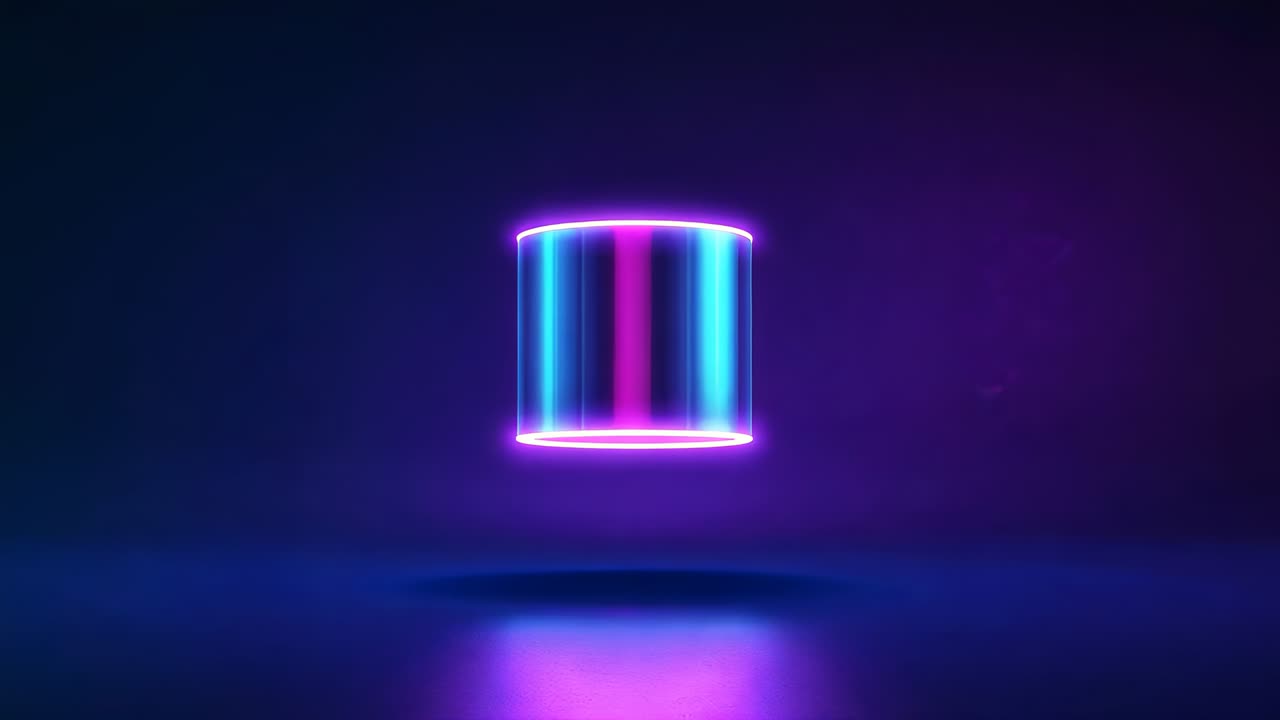 Lighting starting, neon cylinder oscillating above reflective dark studio floor, pulsing cyan bands