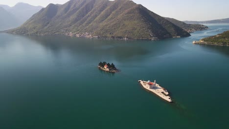 aerial of islets off the coast of perast in the bay of kotor, montenegro