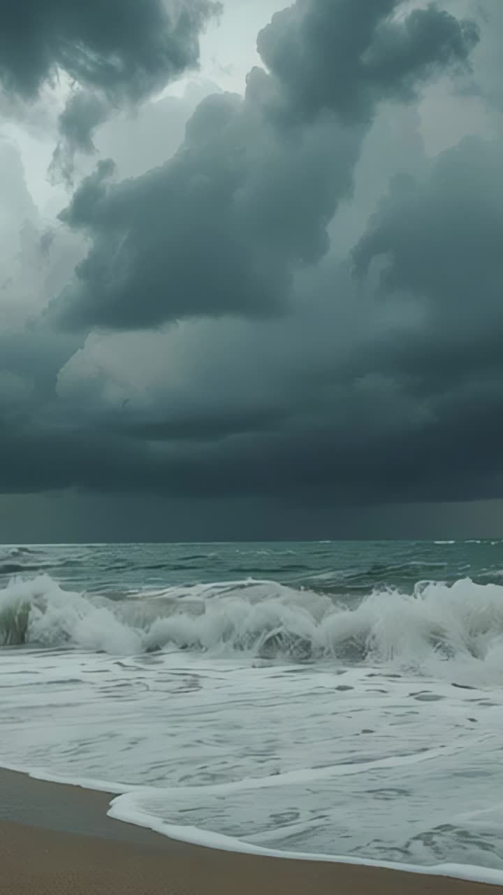 Vertical video: Gathering storm clouds sending ocean waves surging crashing on sandy shoreline
