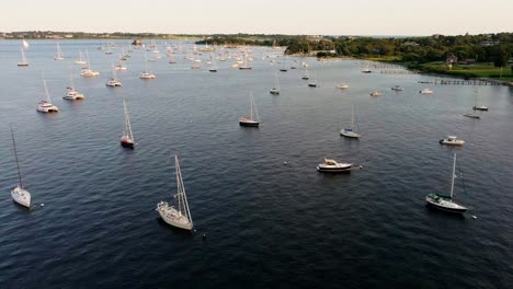 aerial view of many sailboats in the bay during golden hour