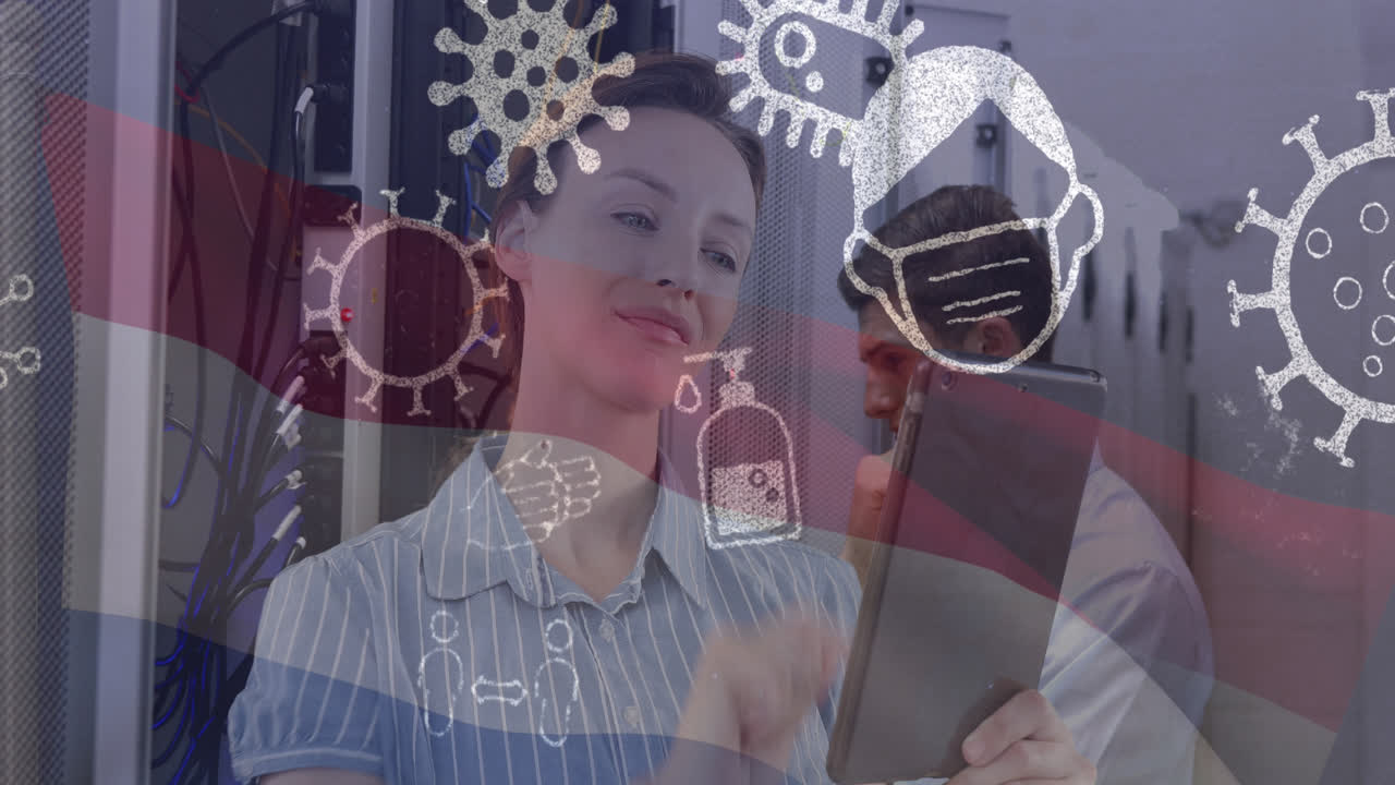 анимация икон пандемии и флага нидерландов над кавказским рабочим мужчиной в серверной комнате