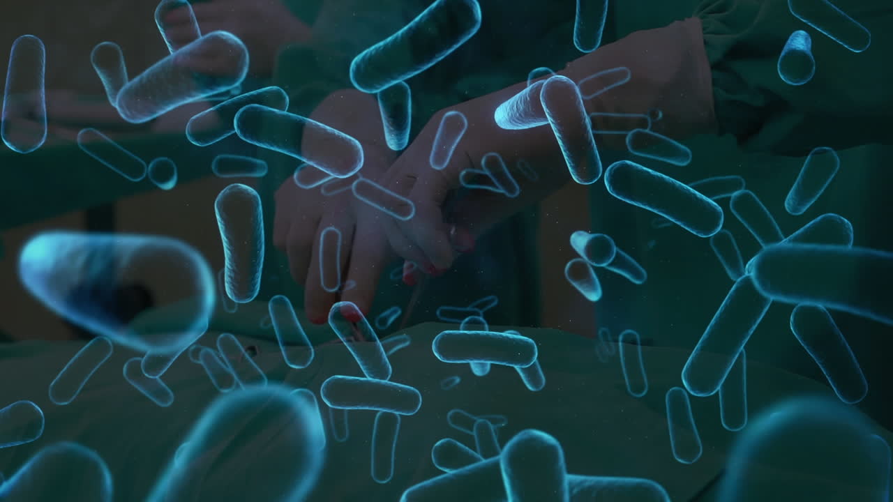 animación de las células de covid 19 flotando sobre los cirujanos que operan