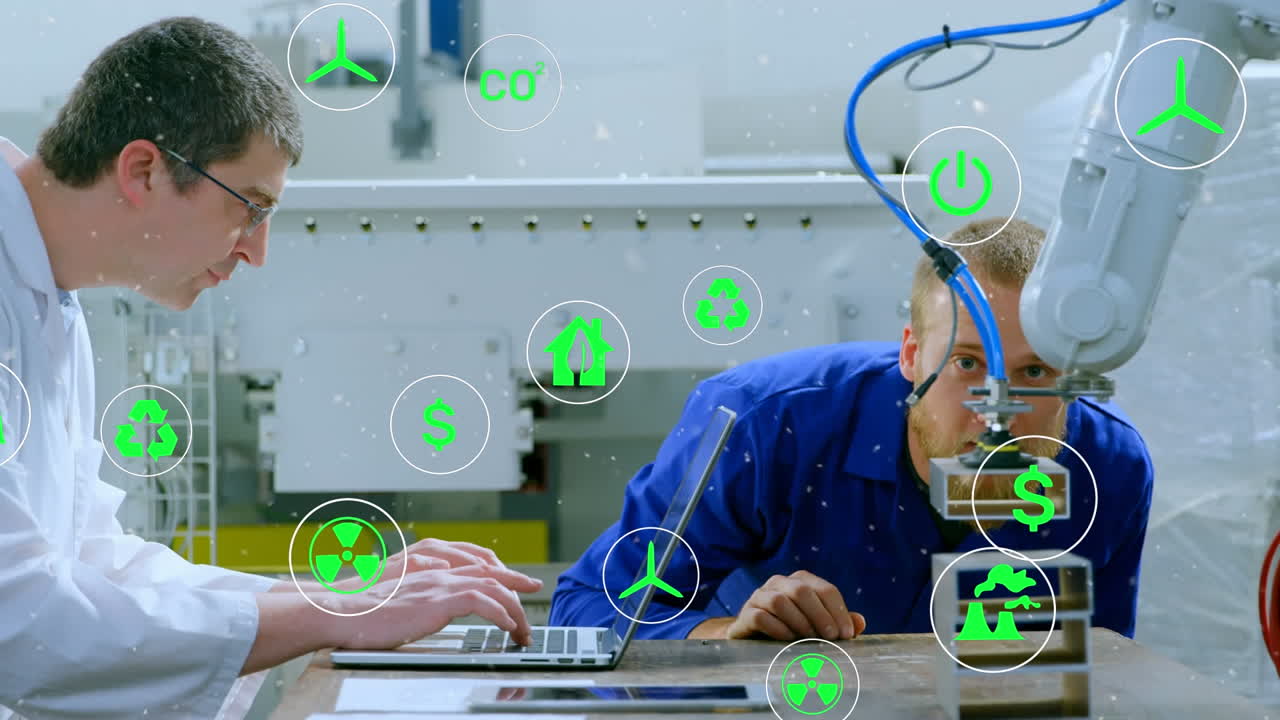 animación de iconos en círculos sobre ingenieros caucásicos que trabajan en computadoras portátiles y máquinas de comprobación.