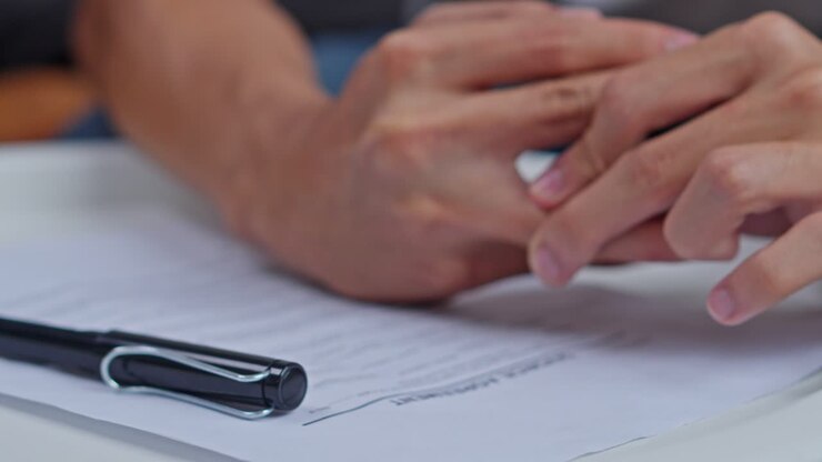 Primer plano de la mano de un marido quitándose lentamente el anillo de boda y colocándolo sobre los papeles de divorcio.