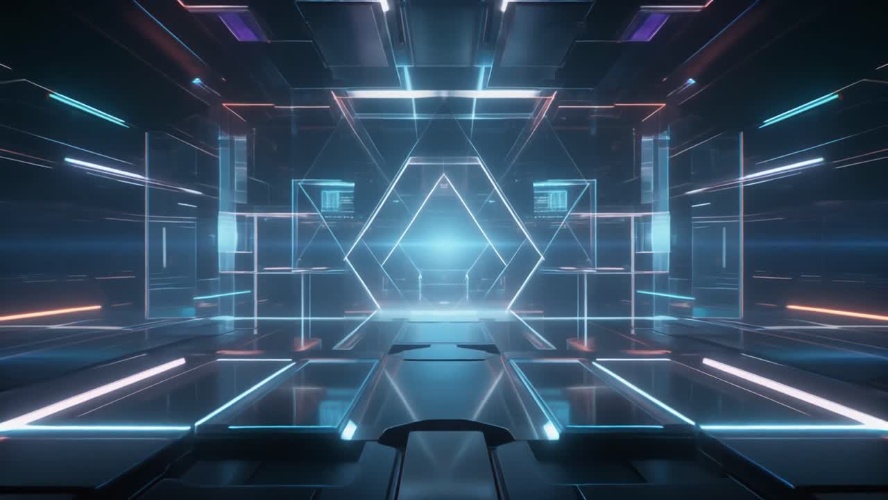 Futuristic Digital Tunnel with Glowing Neon Geometric Lines