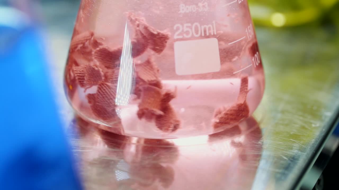 실험실 튜브 내부에서 회전하는 데님 직물