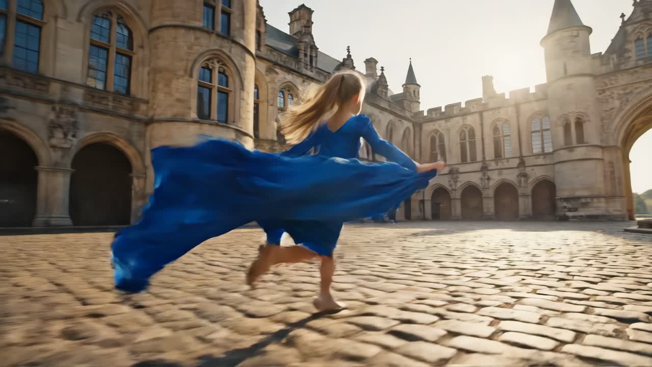 Woman in Blue Dress Running in Castle Courtyard