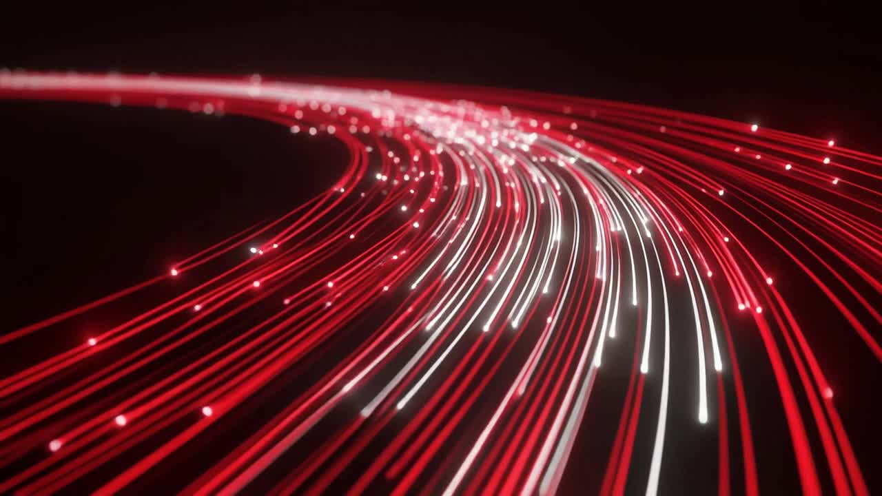 Flusso di dati digitali futuristico attraverso linee in fibra ottica.
