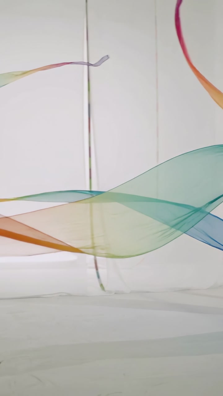 Vertical video: Sweeping ribbons making color waves in white studio, pale sleeve guiding hoop