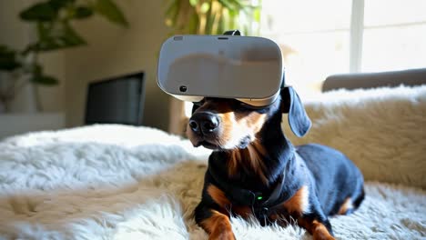 a dog laying on a white rug wearing a virtual reality headset