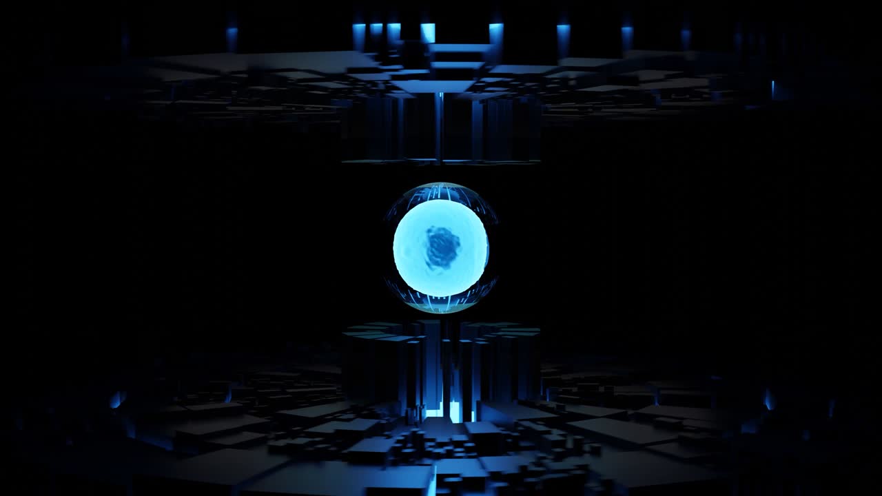 중간에 반이는 에너지 구를 가진 추상적인 회전 메커니즘, 원활한 루프, 전기 구형 코어, 에너지 공급, 모든 미래 기계.