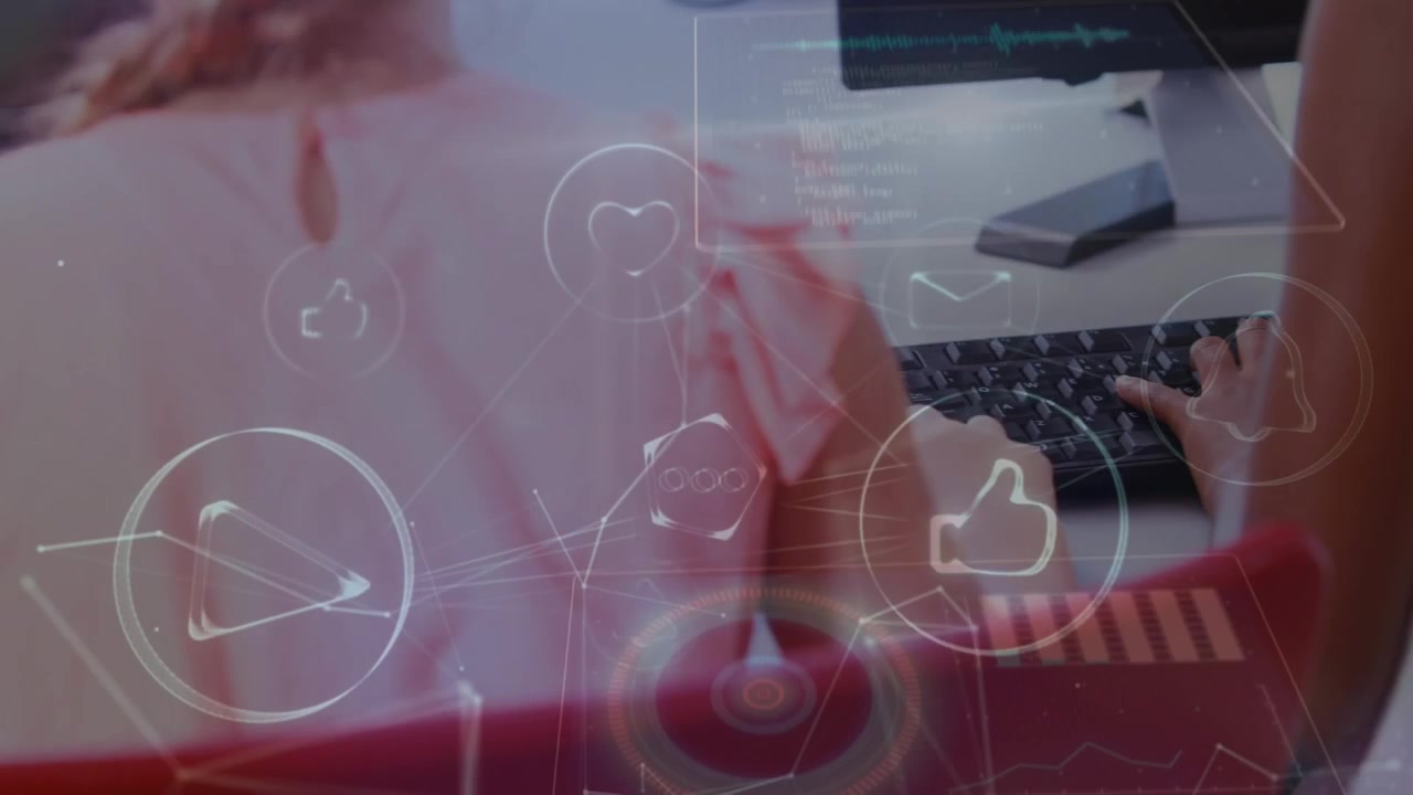 Animazione di una rete di connessioni su diversi alunni che digitano sulla tastiera