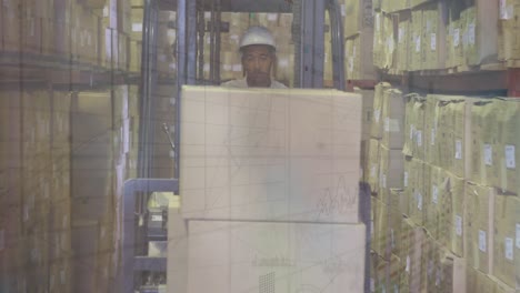 Animation-of-connections-over-biracial-man-with-packages-in-warehouse