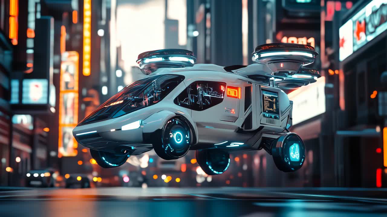 Flying Car in a Futuristic City