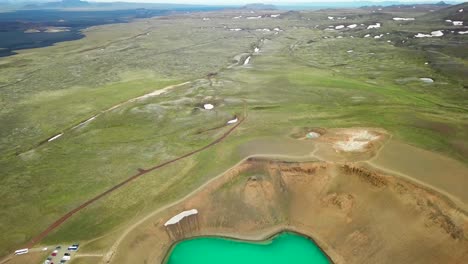 Beautiful-drone-shot-of-the-Krafla-geothermal-area-in-Iceland-with-green-lakes-and-steaming-hot-pots-3