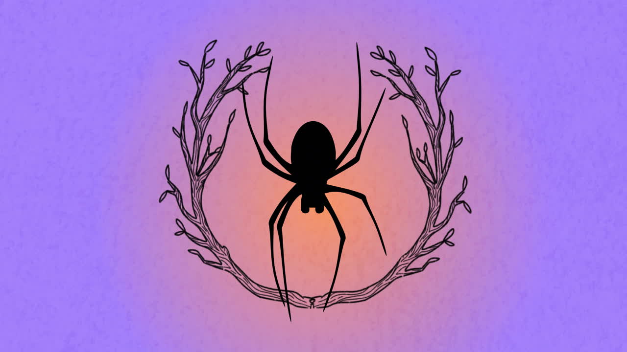 silueta de araña con animación de ramas sobre un fondo púrpura y naranja