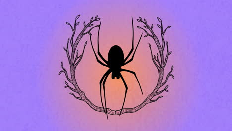 spider silhouette with branches animation over gradient purple and orange background