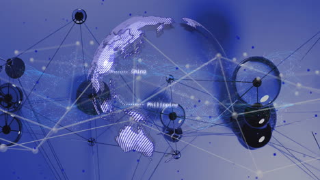 animation of spinning globe and digital wave over connecting dots against blue background