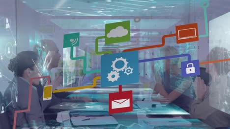 Animation of network of connections with icons over diverse business people at office