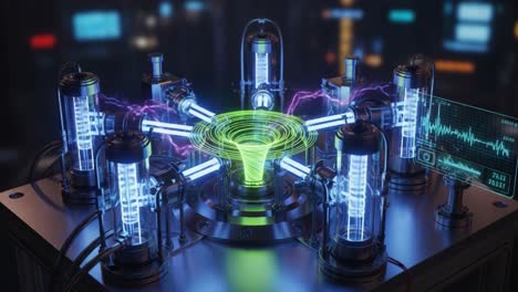 a cutting-edge energy reactor depicted in two frames, highlighting the intricate design and power flow with pulsating energy circuits and advanced technology visuals