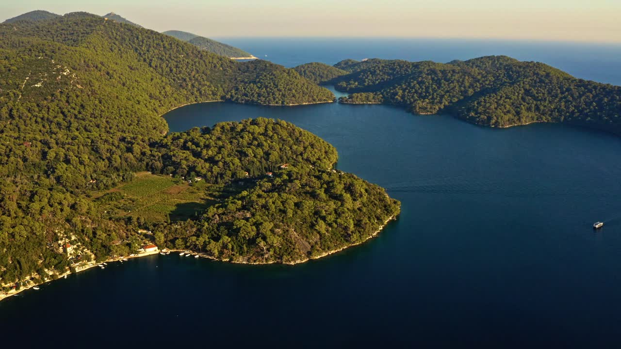 Scenografica isola verde foresta del Parco Nazionale di Mljet in Croazia - ripresa da drone.