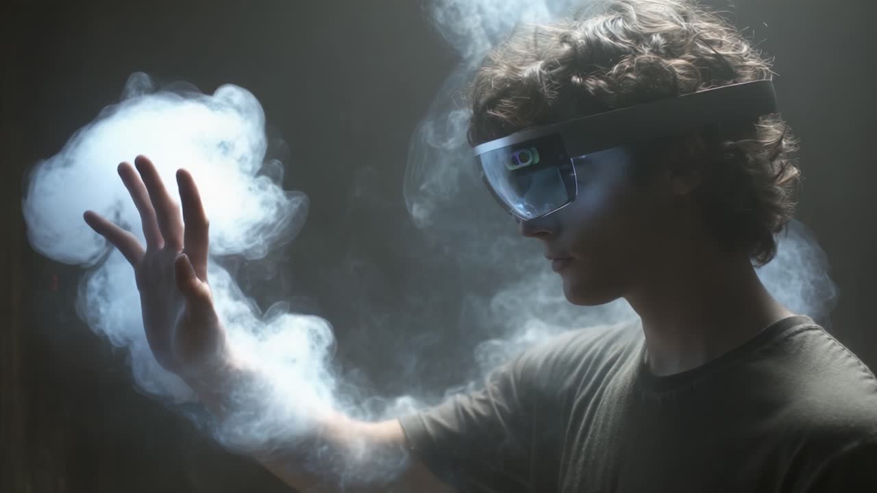 Un giovane esplora la realtà virtuale attraverso una tecnologia innovativa, interagendo con effetti di fumo eterei mentre indossa occhiali avanzati che sfumano i confini tra realtà e immaginazione.