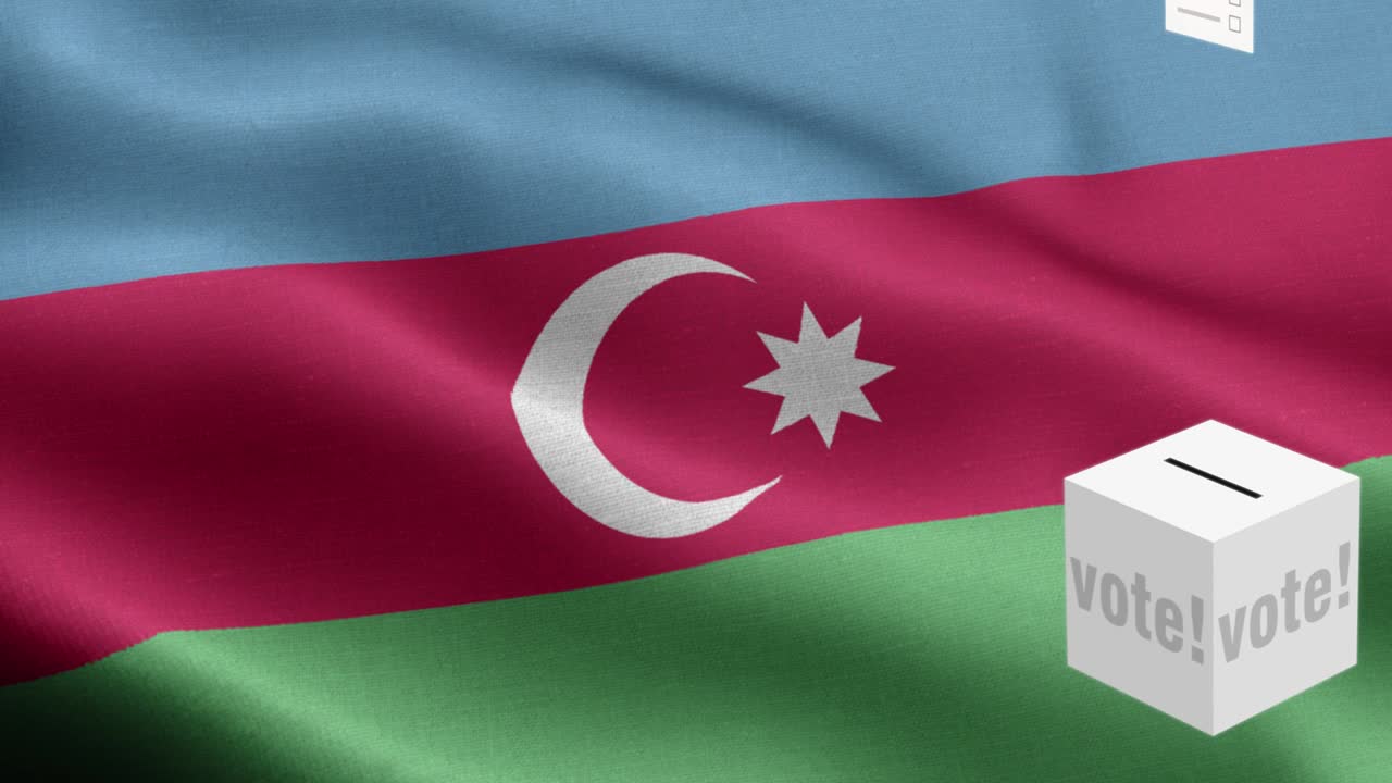 las papeletas de votación vuelan a la caja para la selección de azerbaiyán - caja de votación frente a la bandera - elección - voto - bandera de azerbaiyón - bandera de azerbaijan con alto detalle - bandera nacional de azerbaiján patrón de ondas elementos loopables - textura de tela y bucle sin fin