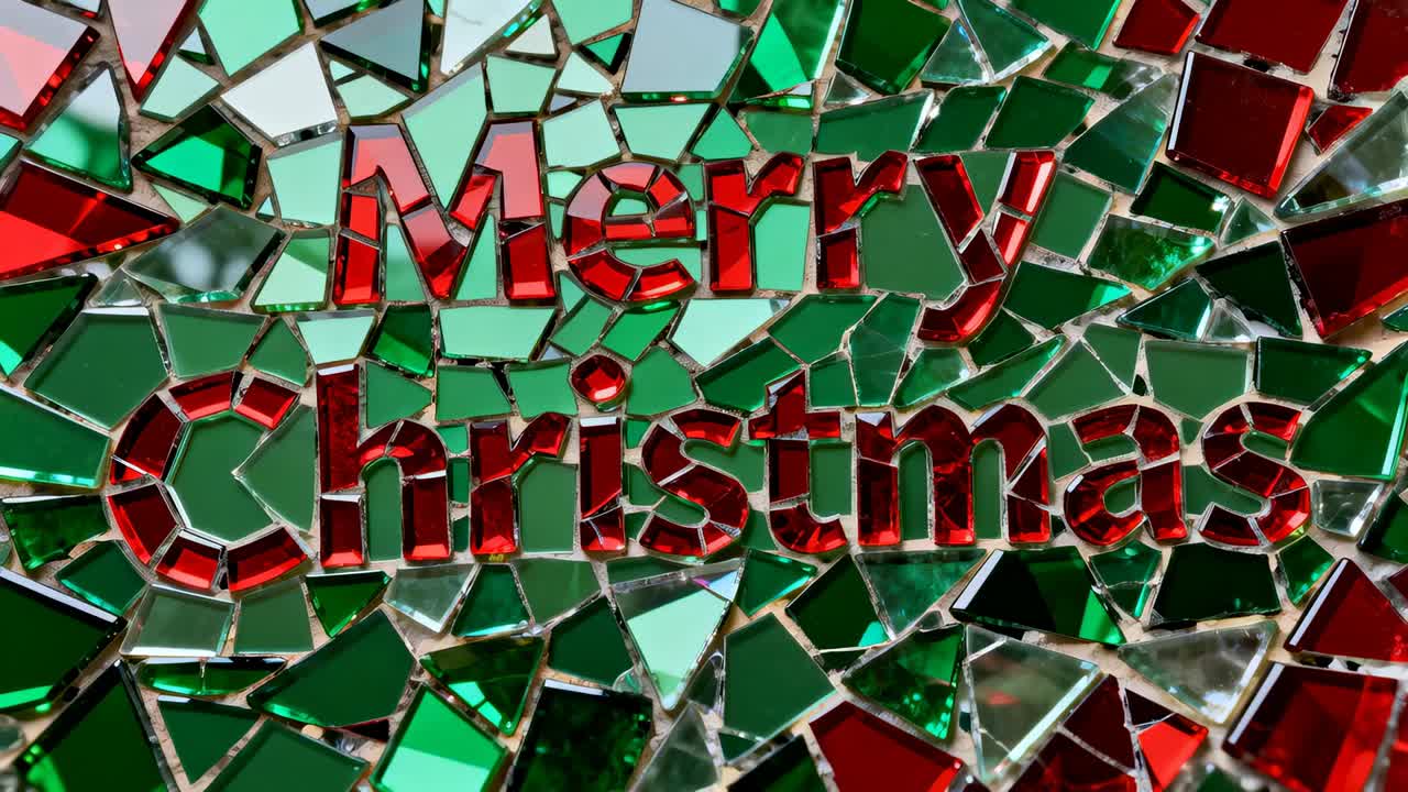 Tilting camera revealing shifting glints across centered mosaic, with red Merry Christmas text