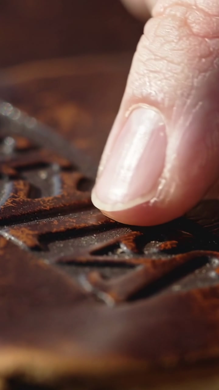 Vertical video: Index fingertip touching sliding embossed letters while checking texture for design