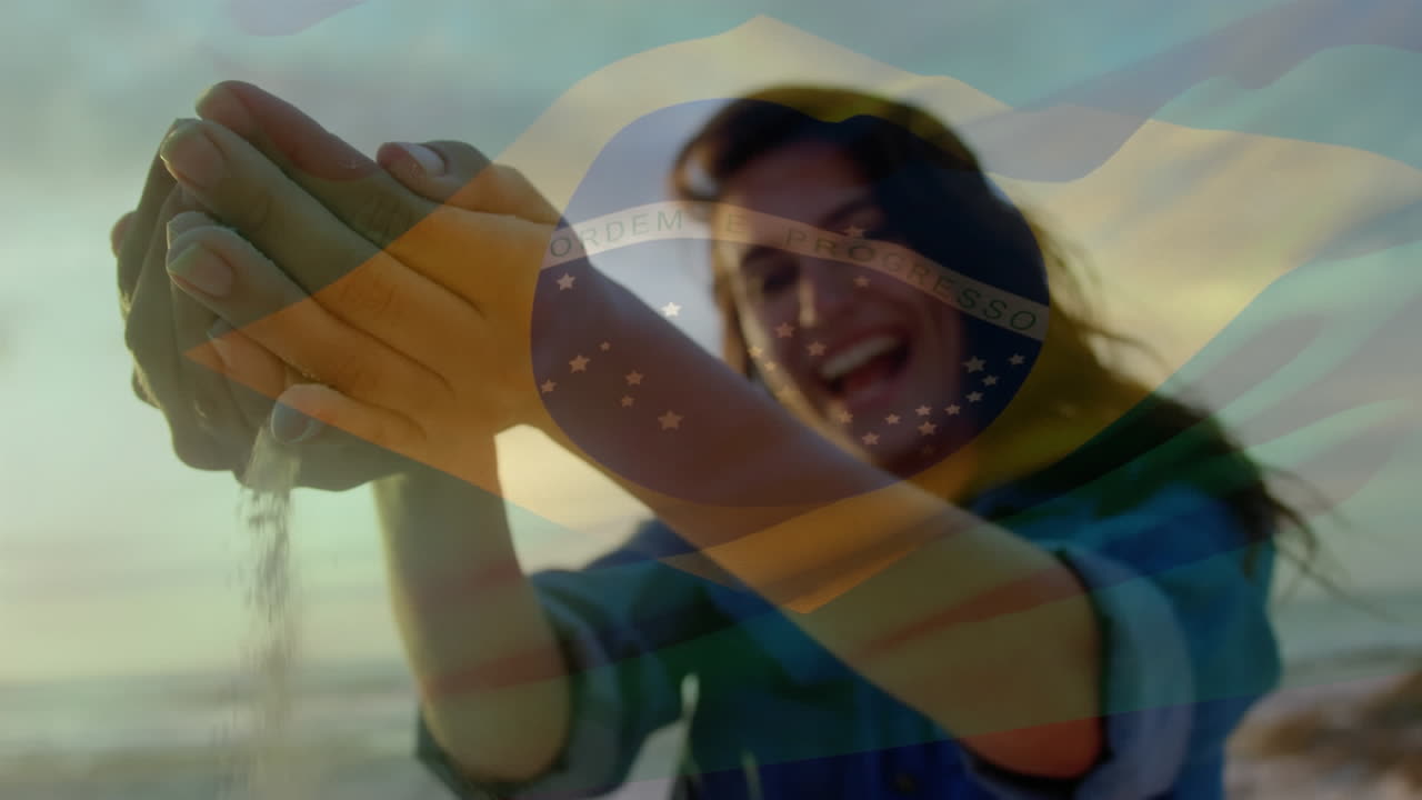 animación de agitar la bandera de brasil sobre una mujer divirtiéndose en la playa