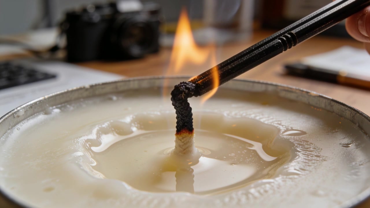 Lighting braided wick by right hand touching charred tool to start steady flame on desk, camera