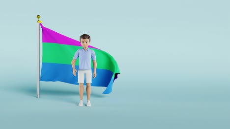 Male-animation-character-waving-his-hand-in-front-of-the-Polysexual-pride-flag-in-a-blue-background