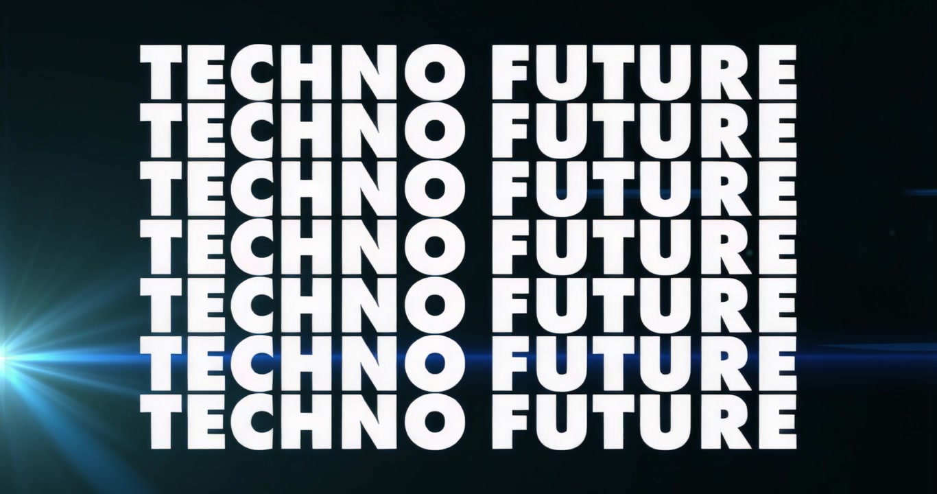 Modrý odlesk objektivu přejíždí po mřížce, spouští ztlumení textu a rozjasňuje se, aby zdůraznil futuristické téma.