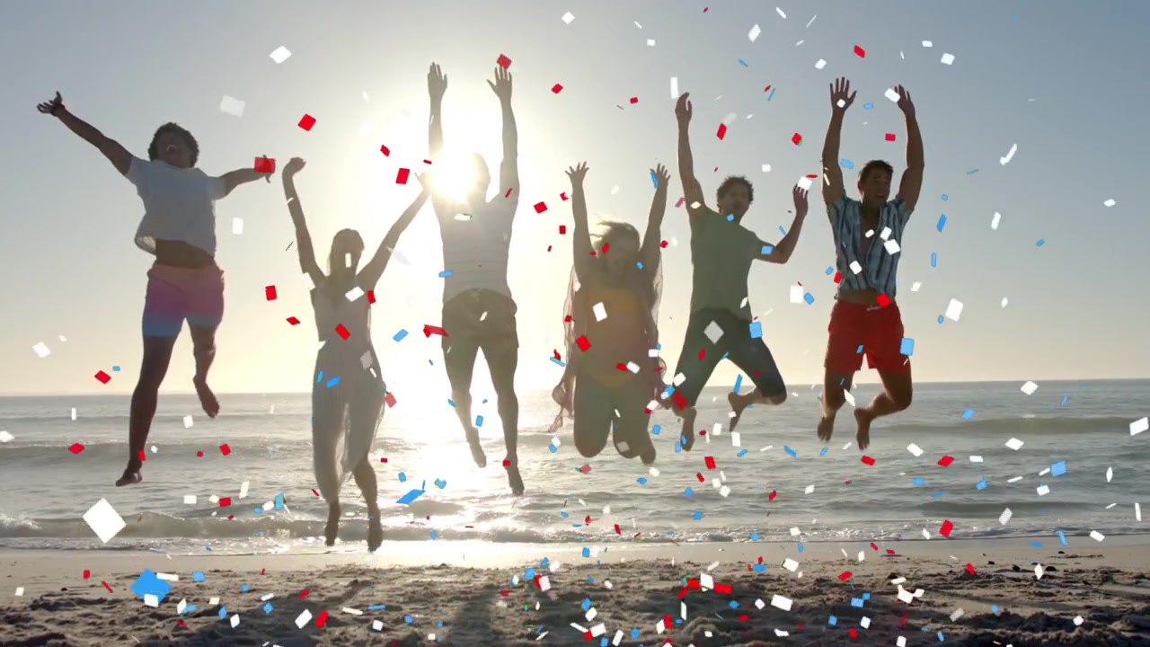 Friends reacting to animated confetti, stepping, jumping and celebrating on beach for marketing